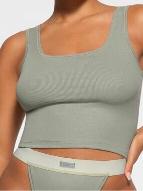 SKIMS Ribbed Square-Neck Tank Top in Sage Green